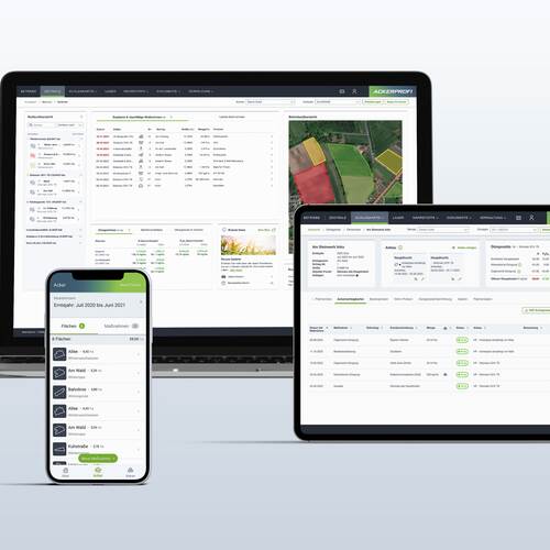 Du siehst Laptop, Tablet und Smartphone mit der Agrarsoftware Ackerprofi zur digitalen Betriebsführung.