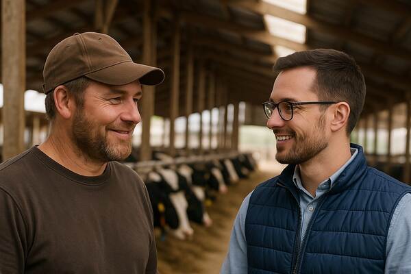 Du siehst einen Futtermittelberater und einen Landwirt im Kuhstall bei einer Beratung