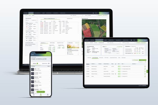 Du siehst Laptop, Tablet und Smartphone mit der Agrarsoftware Ackerprofi zur digitalen Betriebsführung.