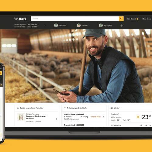Du siehst Smartphone und Laptop mit der Akoro-Plattform für Landwirtschaft vor gelbem Hintergrund.